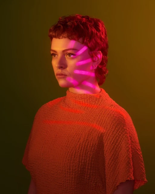 Portrait of a young adult woman with short red hair and a textured shirt, highlighted with pink light stripes against a green backdrop.